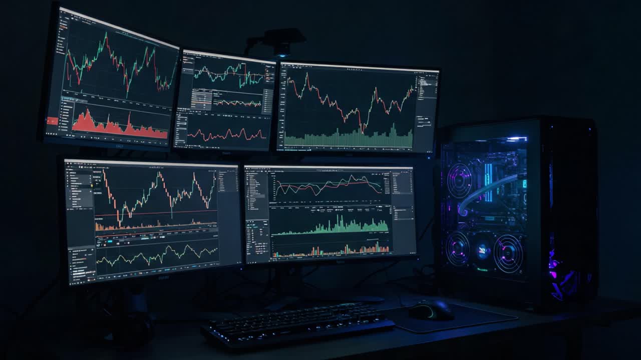 High-Tech Trading Setup Showcasing Multiple Monitors Displaying Intricate Market Data and Analysis in a Dark Environment