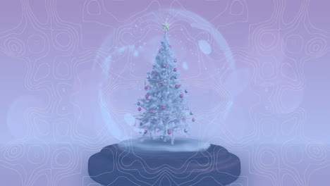 animation of christmas snow falling over christmas tree on blue background