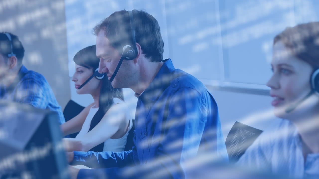 Animation of data processing over diverse business people using phone headsets