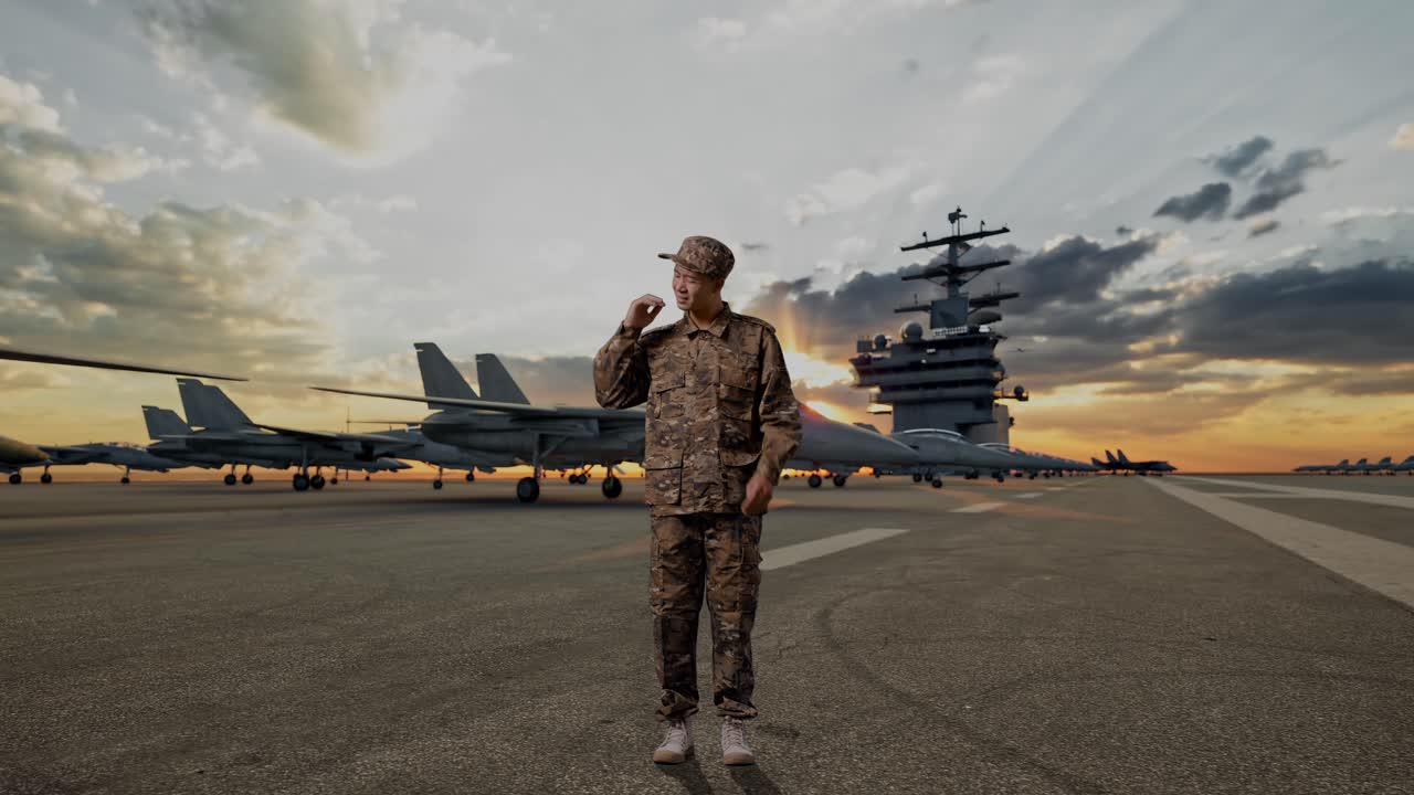 Full Body Of Asian Man Soldier Wiping The Sweat And Being Tired While Standing On Aircraft Carrier