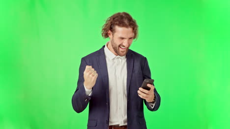 Phone,-winner-and-man-celebrate-on-green-screen