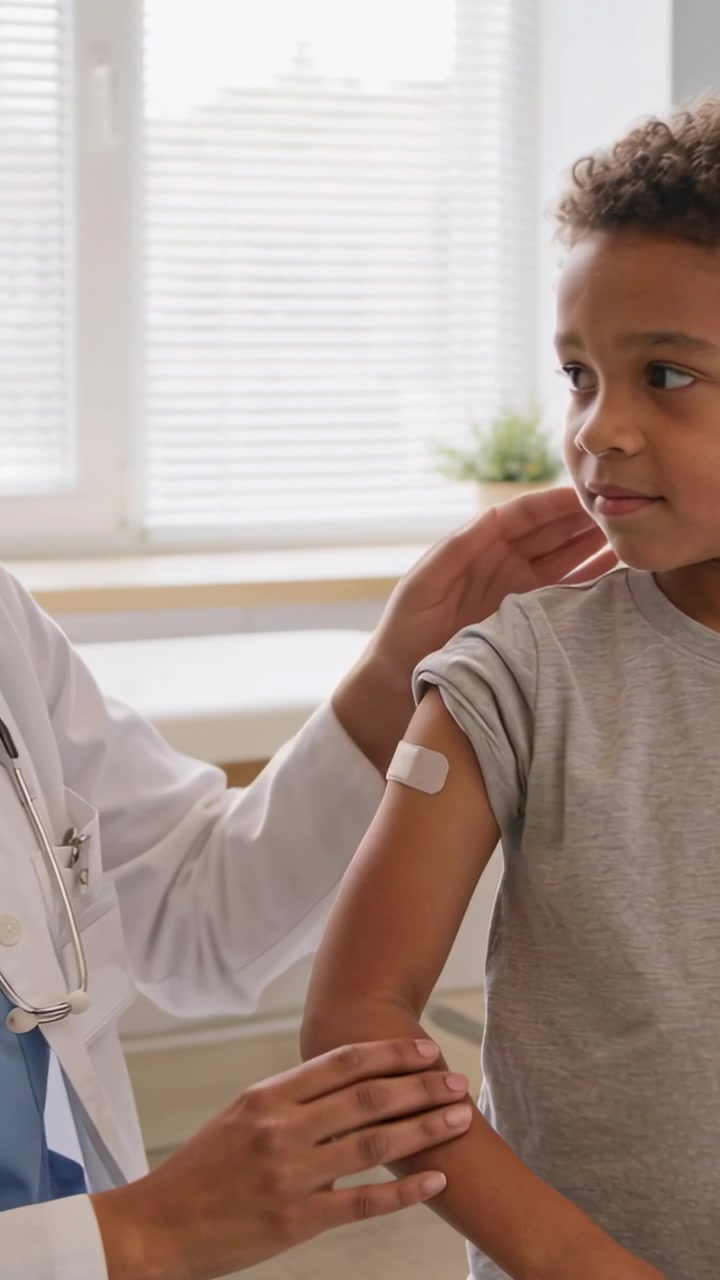 Vertical video: Applying bandage after shot, doc in white coat comforting kid in clinic, copy space