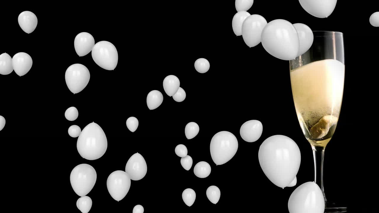 White balloons floating over champagne glass on black background