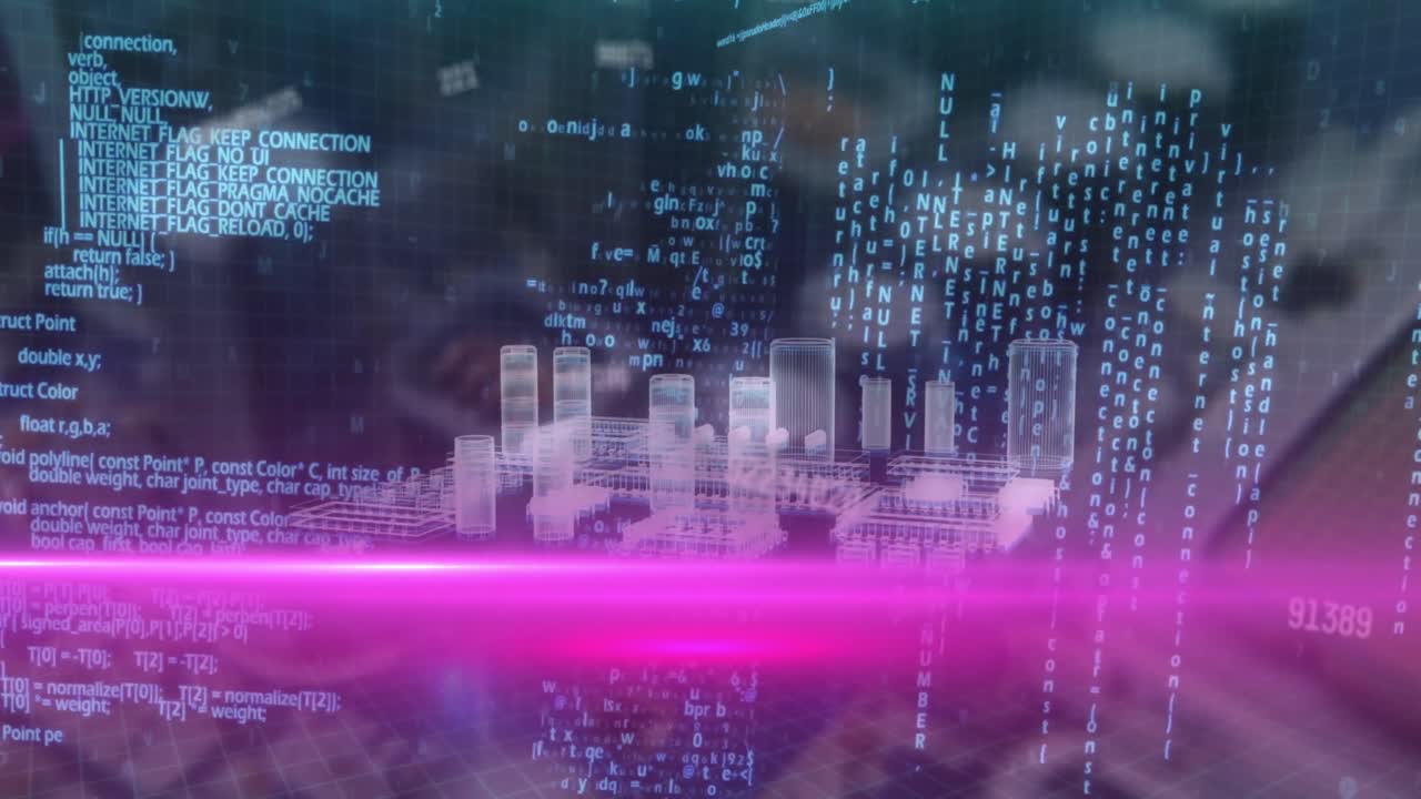 Animation of numbers, programming language over 3d structure of electronic component
