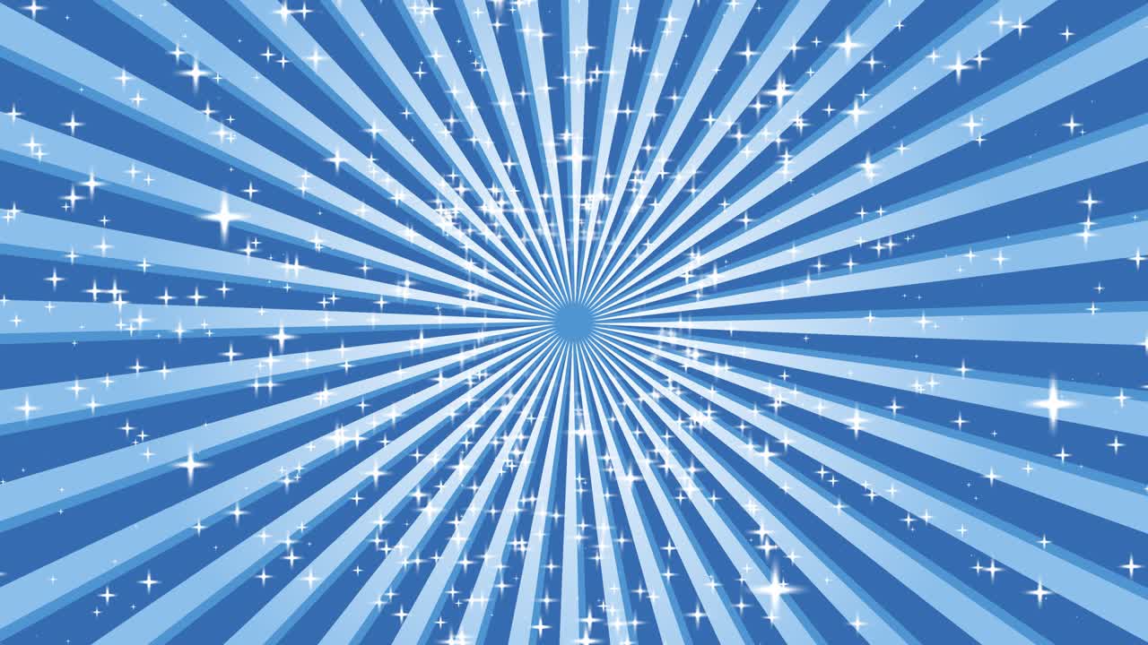 빛나는 파란색과 밝은 파란색 선과 반이는 별들이 배경의 중심을 중심으로 회전합니다.