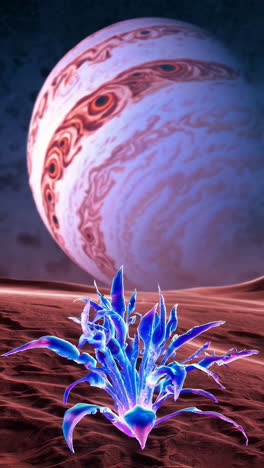 alien desert landscape with glowing plants and a gas giant