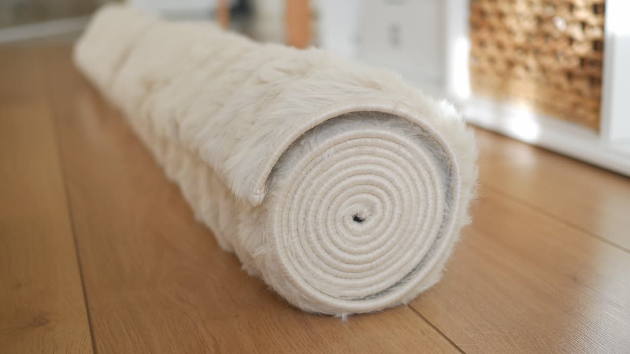 Rolled Beige Rug on Wooden Floor