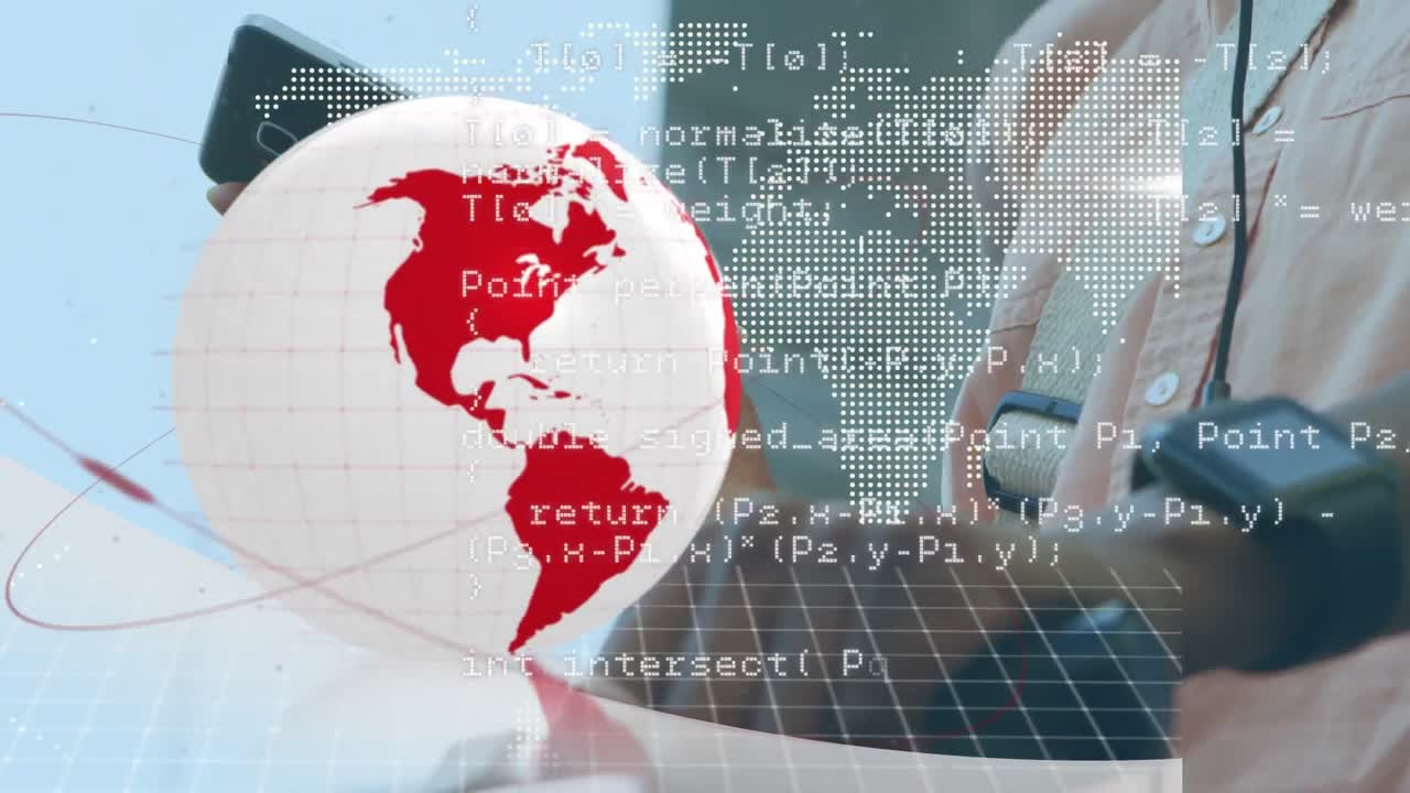 animación de procesamiento de datos y globo sobre mujer afroamericana usando teléfono inteligente