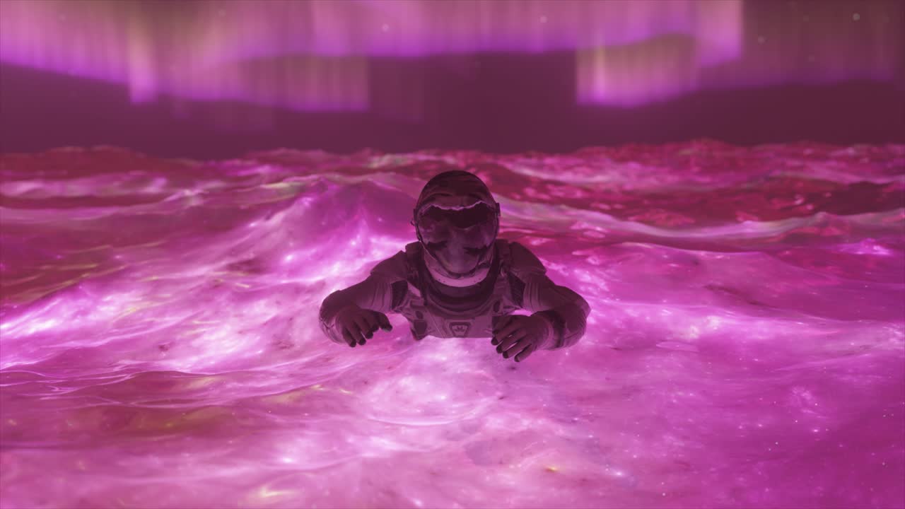 Astronauta che galleggia in una nebulosa rosa
