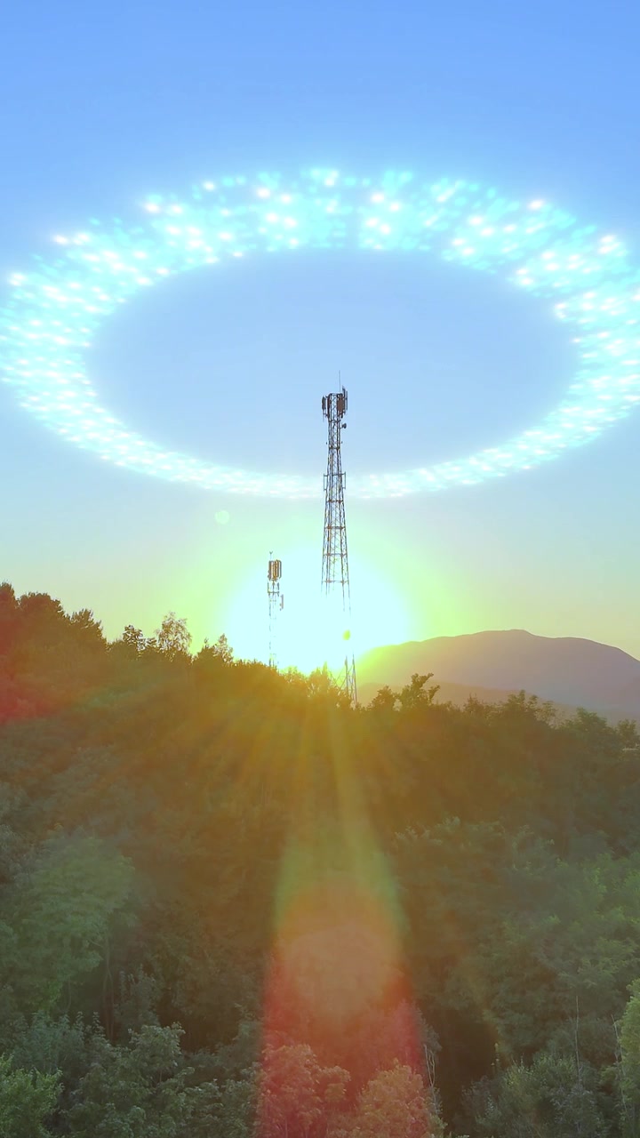 5G-radiosignalstråling fra infrastruktur-teletårn. 3D-animation. Vertikal 9:16 videoorientering