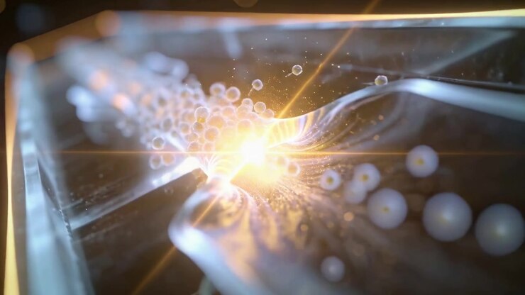 Entering far end, flowing bead stream squeezing in clear trough on table, forming golden filaments