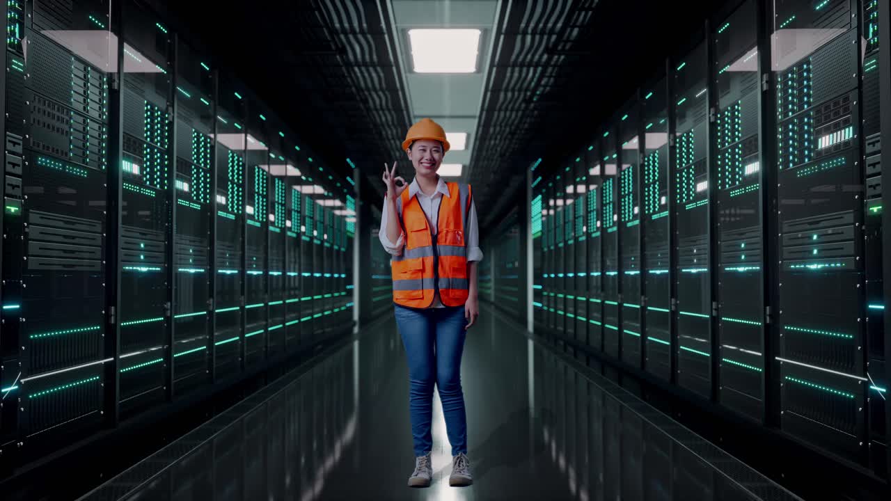 Full Body Of Asian Female Engineer With Safety Helmet Smiling And Showing Okay Gesture To The Camera While Standing in Server Room Data Center