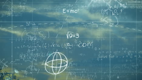 mathematical equations and formulas animation over cloudy sky background