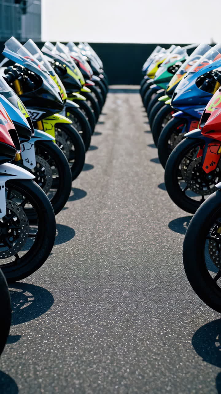 Row of colorful racing motorcycles lined up on a track