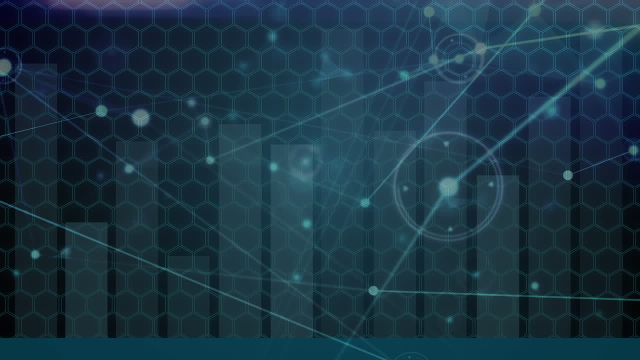Digital animation of network of connections over statistical data processing against blue background