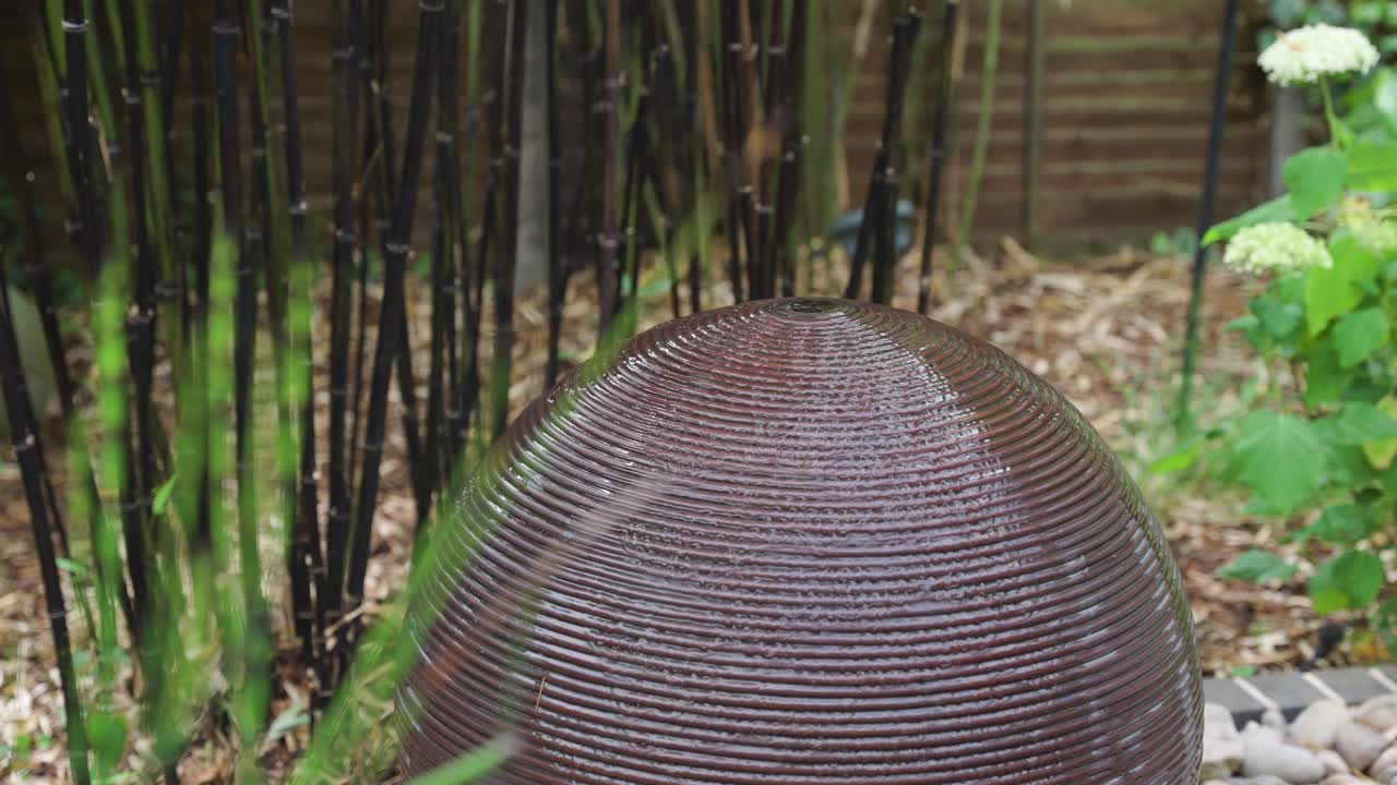 característica del agua en forma de bola en el jardín con agua goteando rodeada de plantas tropicales