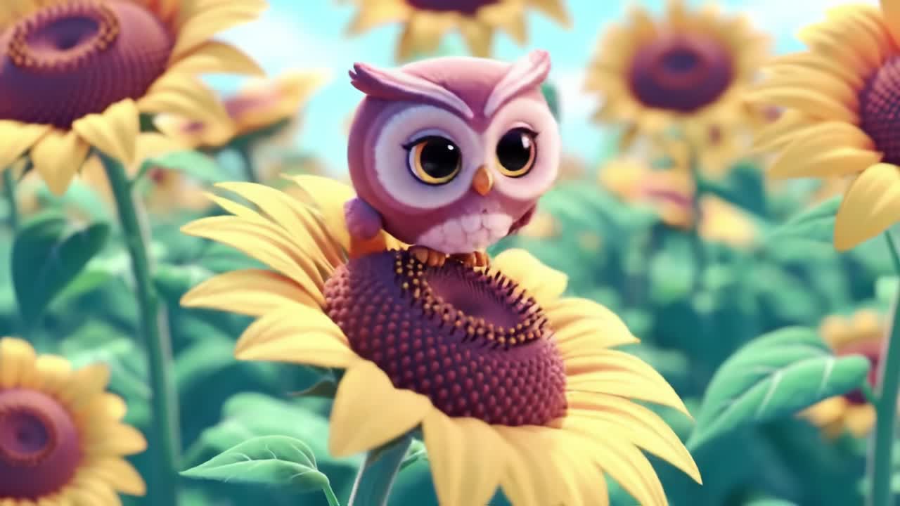 A Whimsical Owl Nestled Among Vibrant Sunflowers in a Colorful Field, Creating a Fantasy Scene Filled with Joy and Playfulness for All Ages