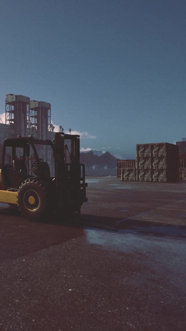 Forklift moves cargo at busy shipping terminal in the early morning sun