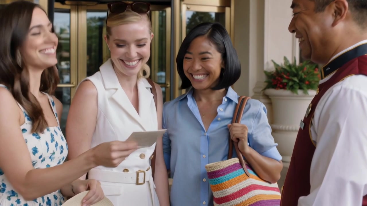 Arriving three women handing pale envelope to bellman in uniform at hotel door, tote visible
