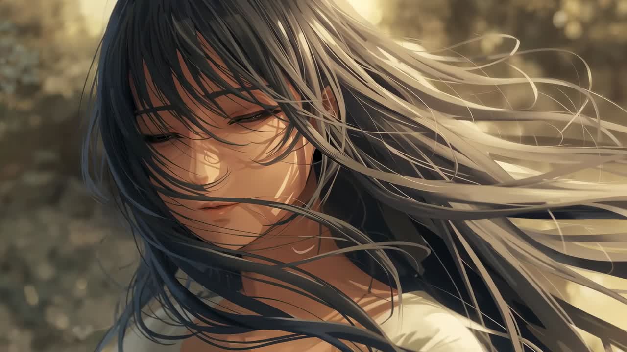 Anime-vrouw met gesloten ogen in een zonnig park, terwijl een briesje haar haren over haar gezicht doet waaien, reflecterend