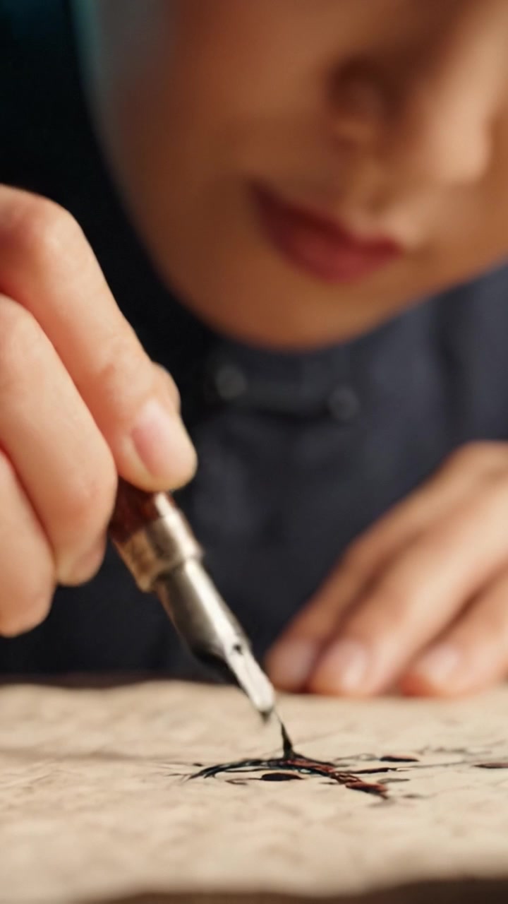 L'arte di un artigiano: primo piano di una mano che usa abilmente una penna stilografica per creare disegni intricati su carta testurizzata in un ambiente con luce soffusa.