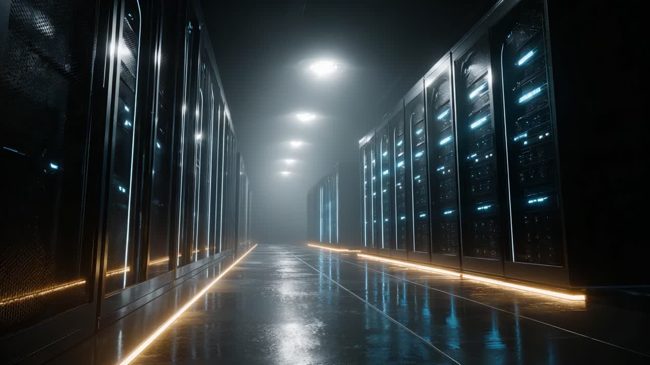 Et uhyggeligt smukt perspektiv af et moderne datacentre med oplyste stier, der reflekteres i blanke gulve og rækker af serverracks i baggrunden