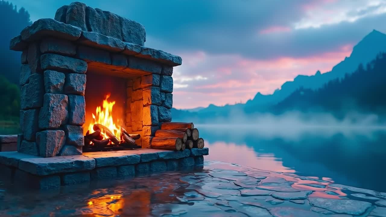 A fire pit sitting on top of a stone wall next to a lake