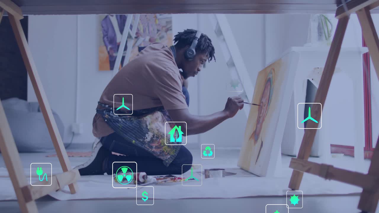 Painter kneeling unpacking brushes then applying strokes and generating animated energy icons