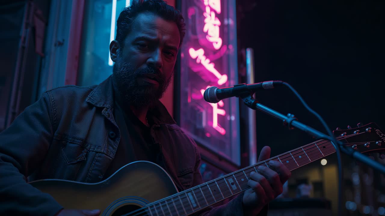 Reacting to neon glow, man tuning guitar by neon lit storefront, playing chords into microphone