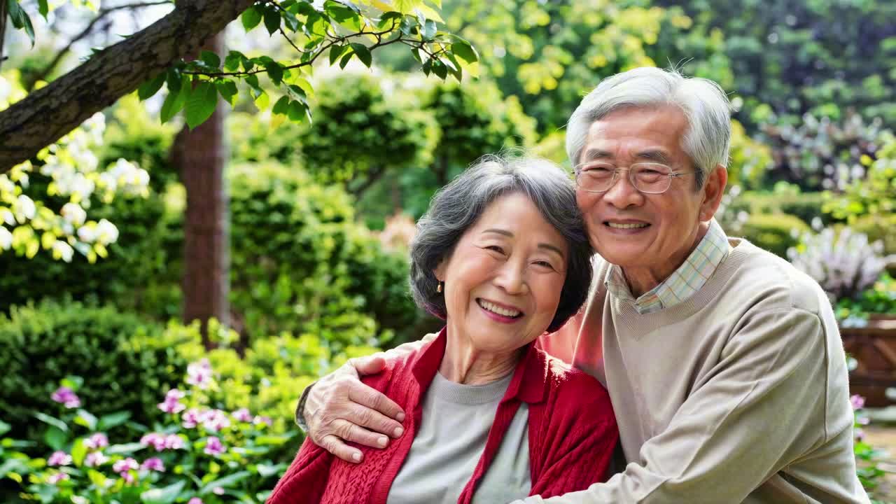 Elderly couple smiling in a lush garden, captured from a front angle