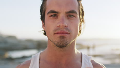 portrait, face and smile with a man on the beach