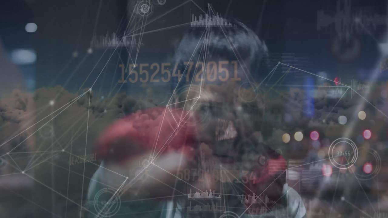 데이터 처리 및 도시 풍경에 대한 연결 네트워크의 애니메이션 카우카스 여성 권투