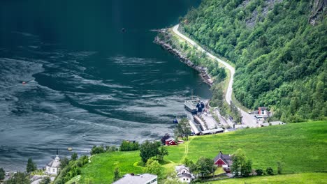 A-timelapse-of-the-ferry-loading-and-offloading-in-Geiranger-fjord-on-a-beautiful-summer-day