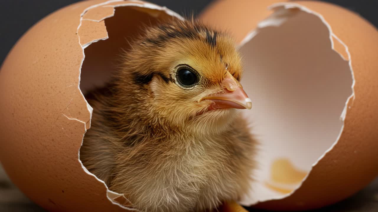 A New Life Emerges: A Tiny Chick Breaks Free from Its Egg Shell, Symbolizing Birth and Renewal in Nature's Cycle