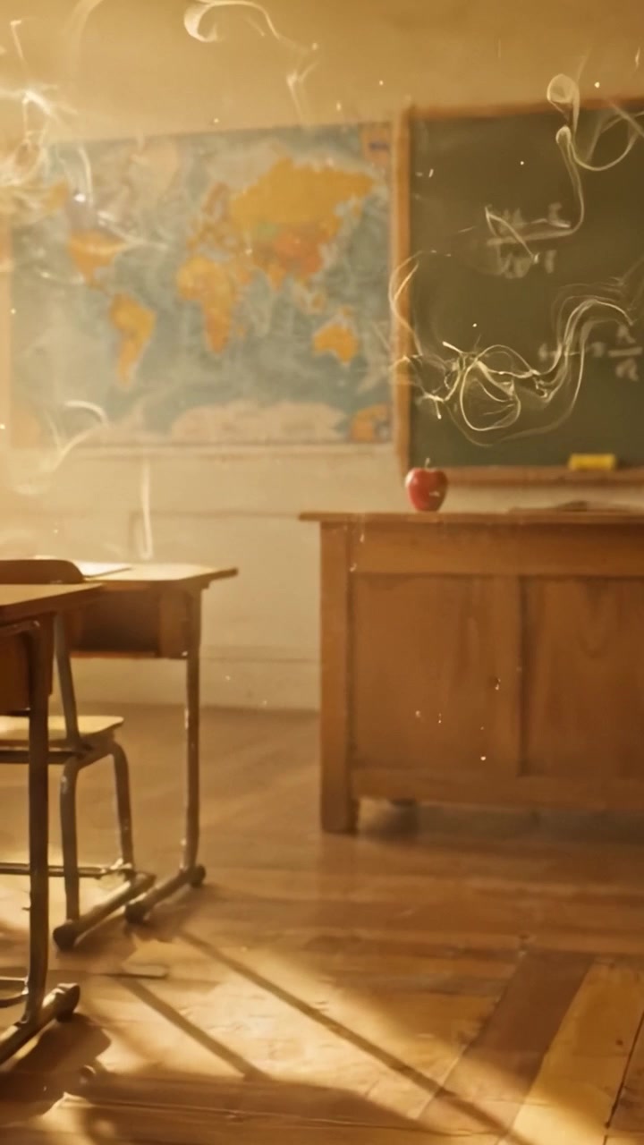 A Quiet Classroom Scene: Sunlight Filters Through Dusty Air as an Apple Rests on a Teacher's Desk, Evoking a Sense of Learning and Nostalgia.