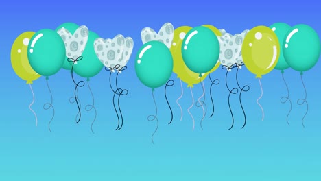 Animation-of-colourful-balloons-bouncing-on-blue-background