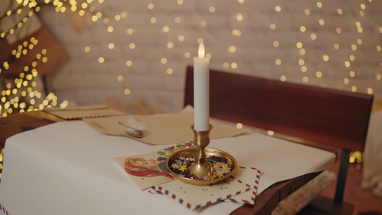 Cozy scene with a lit candle on a vintage envelope and postcards, festive bokeh lights behind - slow mo