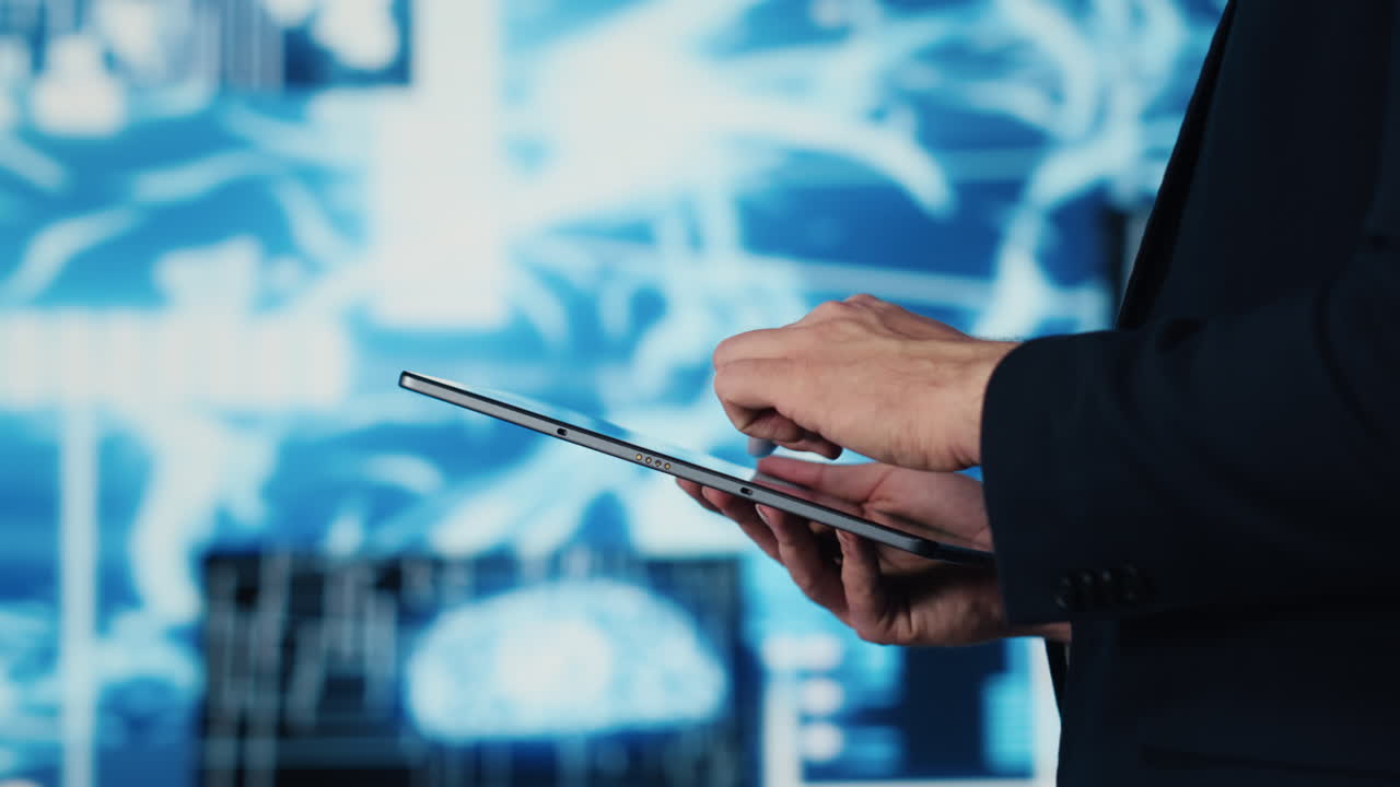 Engineer studying AI brain for data structures and predictive analytics