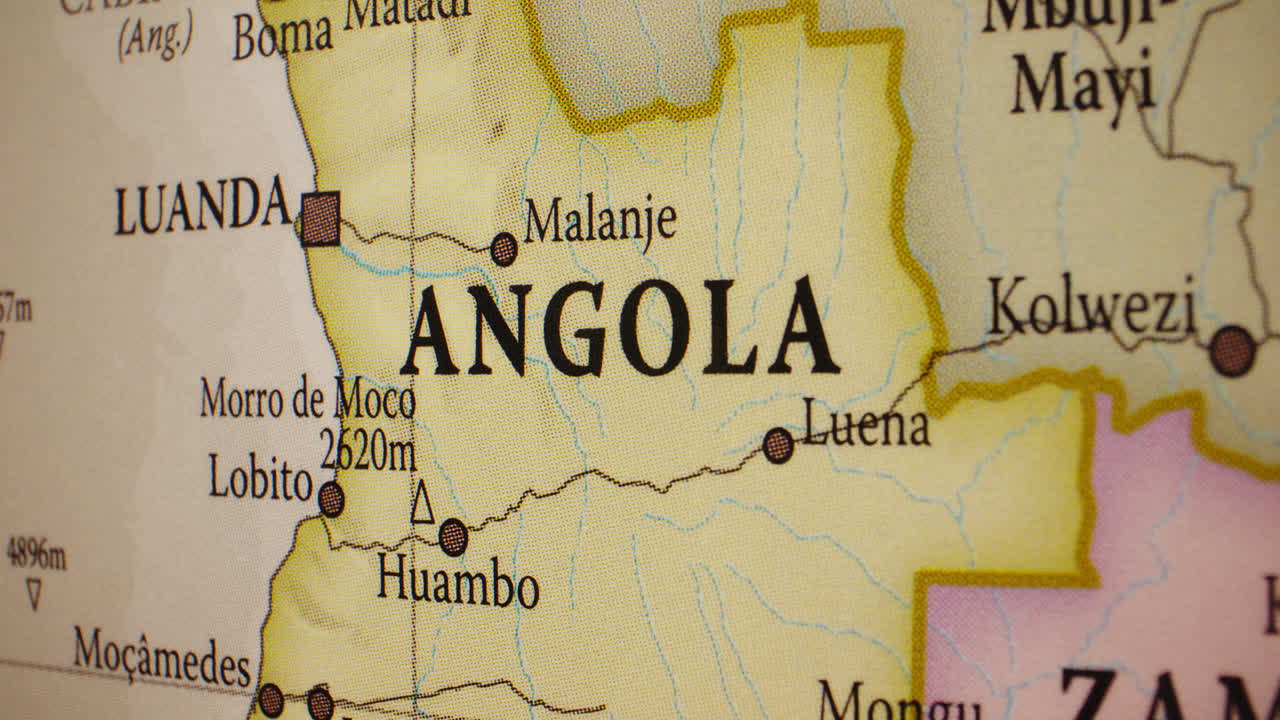 Close-up view of Angola and neighboring regions on a physical map
