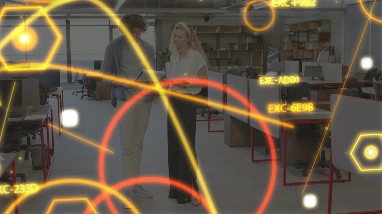 Man entering left with bag and woman holding tablet, sharing office data while hex drifting