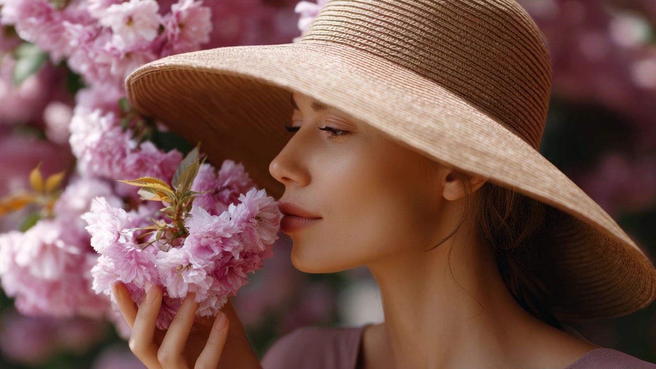 Una donna serena che annusa delicatamente i fiori rosa mentre indossa un cappello di paglia a tesa larga in un vivace giardino fiorito pieno di colori primaverili e bellezza