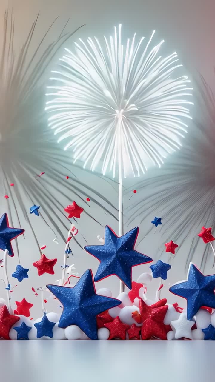 Vertical video: Launching fireworks bursts over red white blue stars on tabletop, intensifying hues