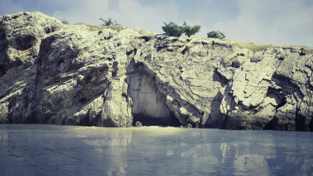 Rocky shoreline with calm water and trees under a bright sky