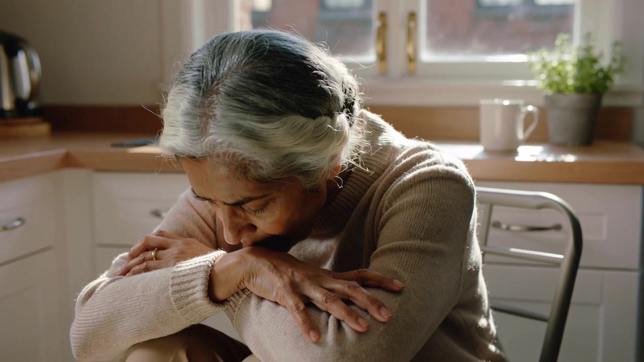 Looking down senior Indian woman folding arms, leaning forward, resting head in kitchen to rest