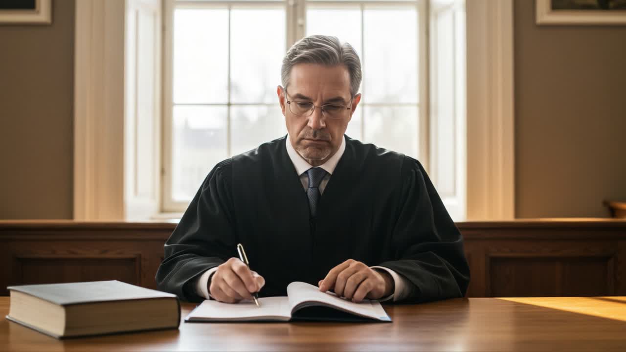 A solemn courtroom moment capturing a judge deep in thought while writing in a legal book, reflecting the serious nature of his duties and the weight of justice