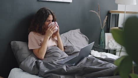 mujer trabajando en la computadora portátil en la cama