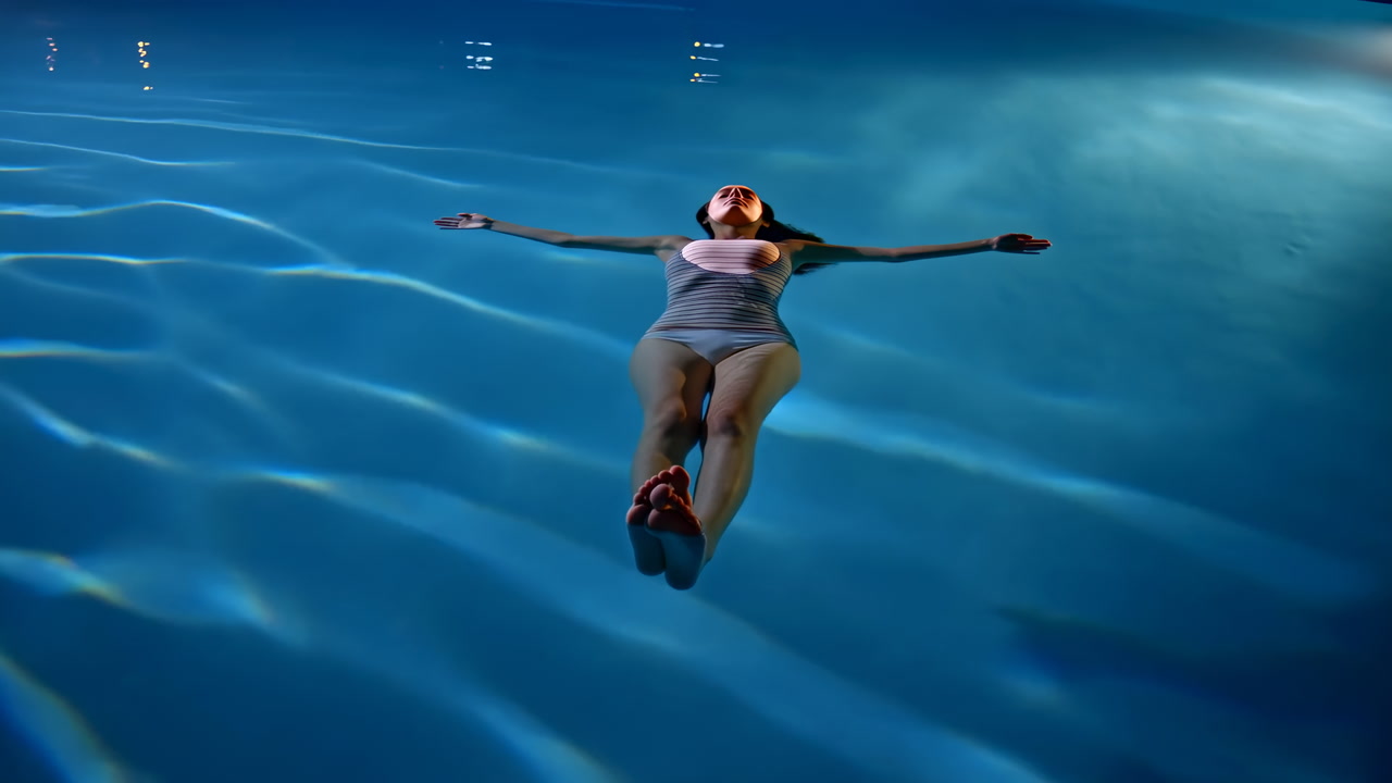 Woman Floating On Blue Pool, Arms Outstretched, Eyes Closed, Gentle Ripples And Soft Sunlight Creating