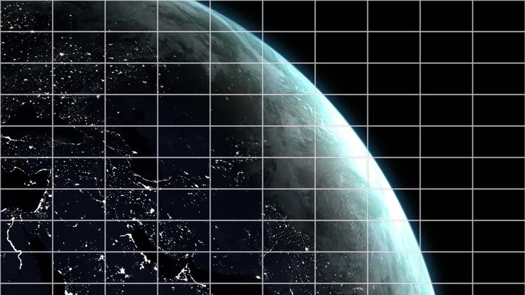 Animation of arrow on grid pattern and rotating globe over black background
