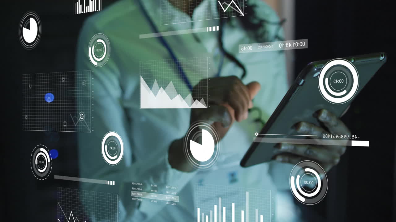 animación de procesamiento de datos financieros sobre mujer de negocios afroamericana en la sala de servidores