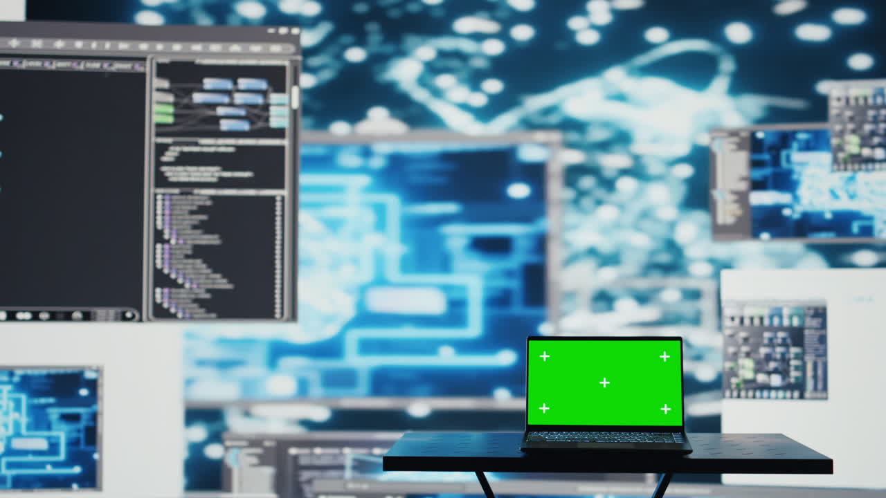 Laptop running isolated mockup screen next to AI neural networks system